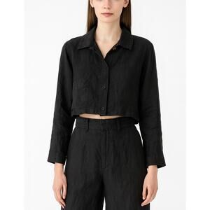 Saks Fifth Ave Quiet Luxury Linen Button Up Top Small Black Minimalist Capsule
